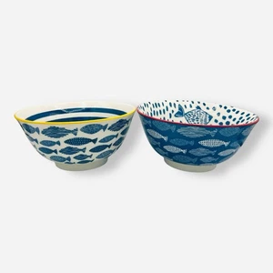 Global Design Connections Passion Prints Blue White Bowl Set Of 2 Fish Motif 6” - Picture 1 of 8