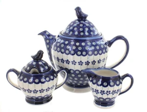 Blue Rose Polish Pottery Flowering Peacock 3 Piece Coffee Pot Set with Bird - Picture 1 of 1