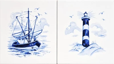Fishing Boat & Lighthouse Set 2 Tiles 15cm  6" Delft Blue White Nautical Seaside - Image 1 of 4