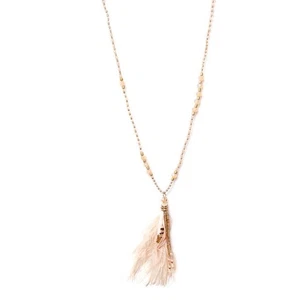 KETTE BOHO FESTIVAL HIPPI MIT ECHTEN FEDERN & PERLEN BEIGE NEU - Bild 1 von 1