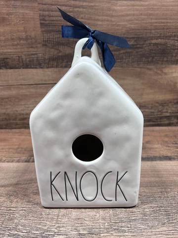 Rae Dunn KNOCK Birdhouse Square Dimples White w/ Black Lettering LL Cover