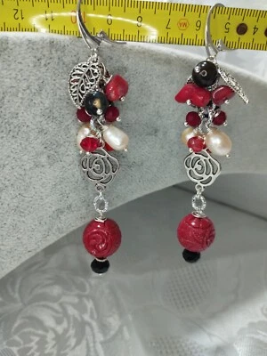 Orecchini  Agata corallo cristallini perle  Cristalloterapia Chakra  argento 925 - Immagine 1 di 4