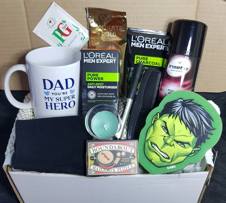 L'OREAL, INSETTE, PG TIPS, MARVEL HULK, INSETTE Men's super hero dad birthday grooming gift hamper fathers day L'oreal Hulk etc