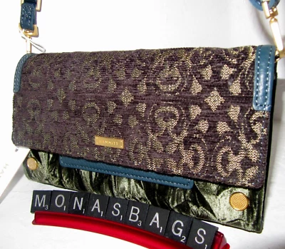 Hammitt AJ Antique Atelier Crossbody Clutch Green Velvet Navy Leather Brocade - Image 1 of 4