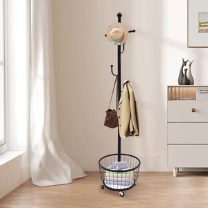 Clothes Rack Wheels Garment Stand Coat Rack Hat Stand Tree Organizer W/6 Hooks - Picture 1 of 20