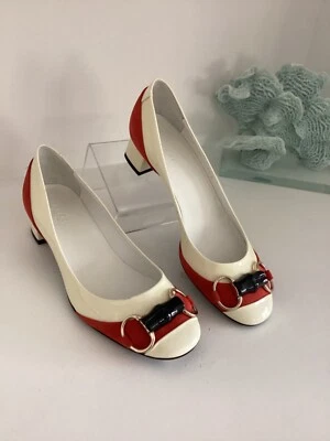 NWT Gucci Horsebit Accent off White Patent Leather & Red Suede Pumps 37.5 7.5 - Image 1 of 4