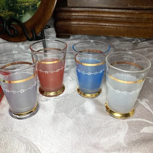 VTG Juice 3oz. Glasses Set 4 Blue White Lavender Pink Gold Trim Hand decorated - Picture 1 of 17