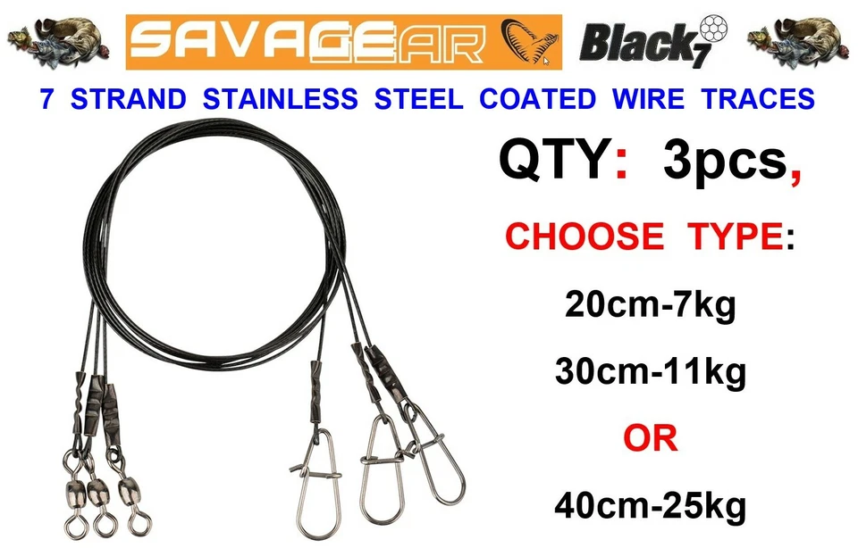 3 SAVAGE GEAR BLACK 7 COATED STEEL WIRE TRACES-PIKE ZANDER PREDATOR LURE FISHING - Image 1 of 1