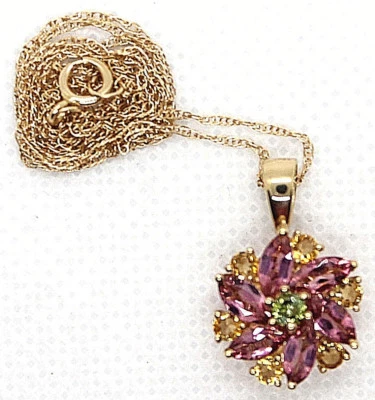 Collar 14K COLGANTE RD VERDE/MQ ROSA/RD AMARILLO TURMALINA RACIMO CH 18" Foto 1 de 4