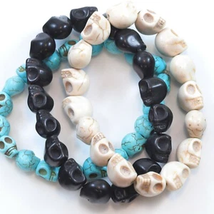 Skull Bracelet Black or White Turquoise Howlite Men's 8 Inch Adjustable - Picture 1 of 7