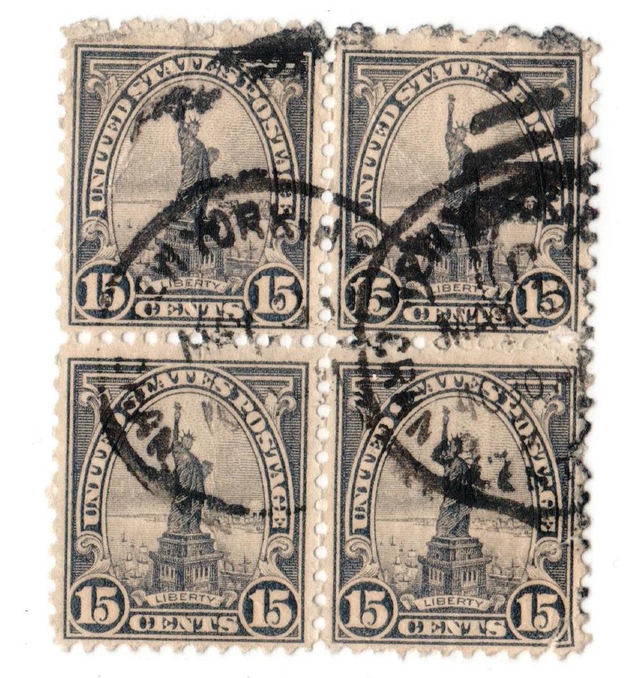 1922-25 US Scott #566 15 Cent Statue of Liberty Postage Stamp 4-Block USED - Image 1 of 1