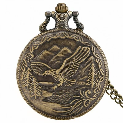 Vintage Style Eagle Quartz Analog Pocket Watch with Chain New Working Perfectly - Photo 1/4