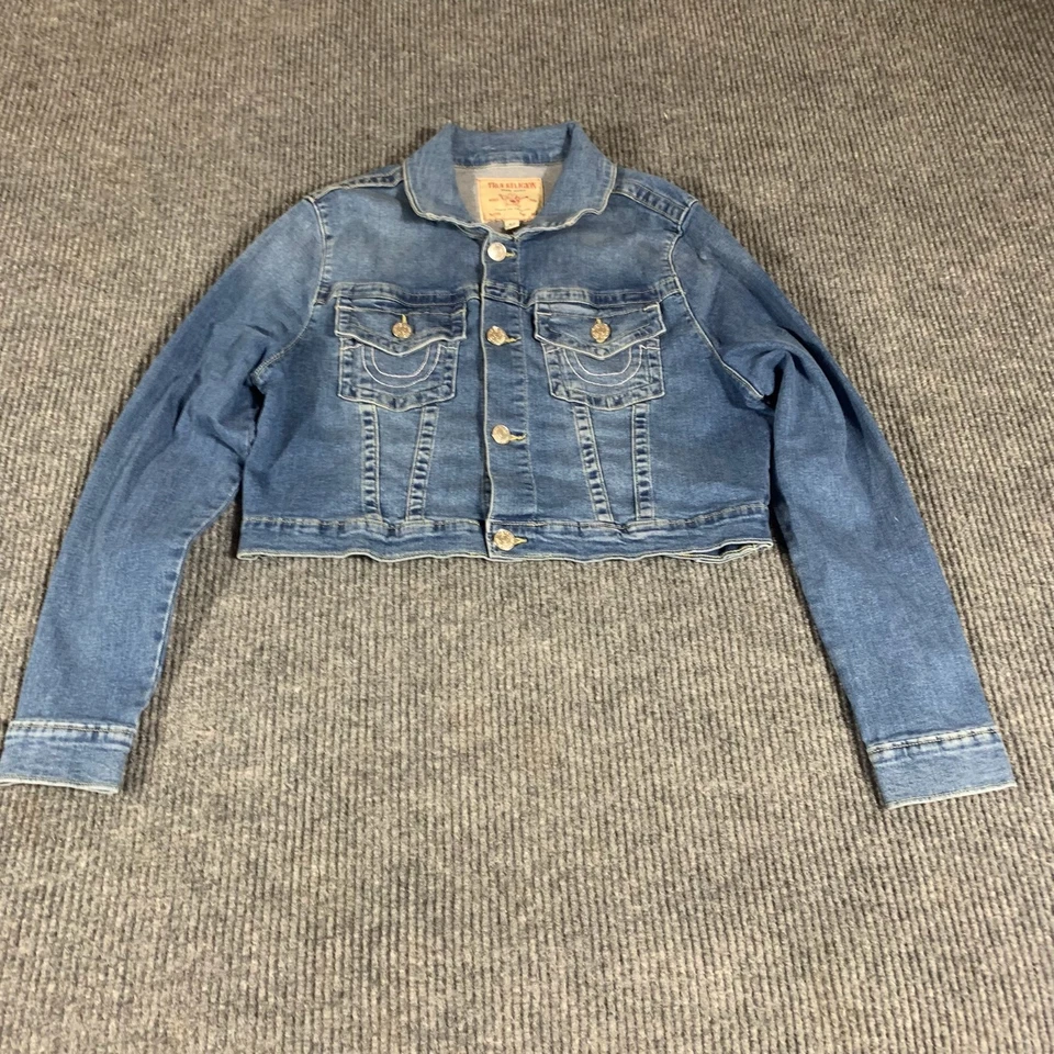 Chaqueta True Religion Mujer Grande Azul Jean Denim Camionero Recortada Motociclista Bolsillos Foto 1 de 4
