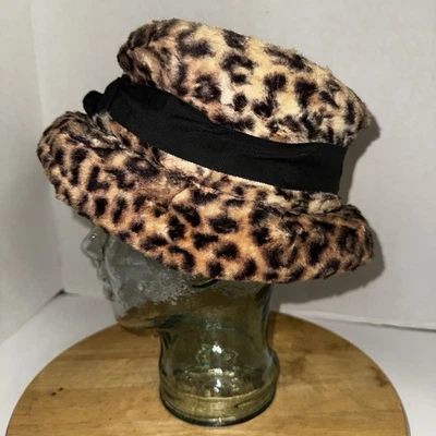 Vintage 1950s–60s Leopard Print Faux Fur Hat Union Made USA Ribbon MCM - Image 1 of 4