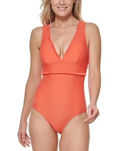 MSRP $98 Tommy Hilfiger Ruffled One-Piece Swimsuit Womens Orange Size 10 - Picture 1 of 1