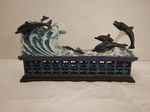 Cast Iron Jumping Dolphin Mechanical Coin Bank Ocean Metal Box - Picture 1 of 10