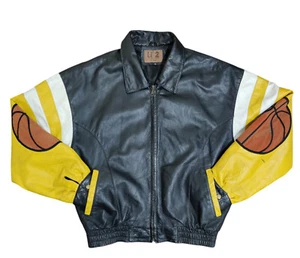 Vintage Los Angeles Lakers 90s Leather Jacket NBA Basketball Black and Yellow M - Picture 1 of 24