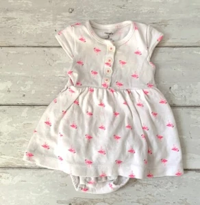 Carters 3m Baby Girl White Pink Flamingo Print Dress One Piece 100% Cotton - Picture 1 of 4