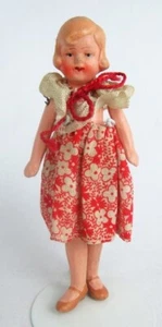 Vintage Germany Miniature Jointed Composition Girl Red Floral Sun Dress 4" Doll - Picture 1 of 5