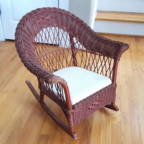 Vintage/Antique Red Wicker Kids Rocking Chair Wicker All Intact w/ Cushion Cover