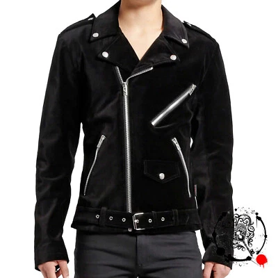 Men Black Velvet Motorcycle Jacket Gothic Rocker Star Biker Jacket Emo Punk Styl - Image 1 of 3
