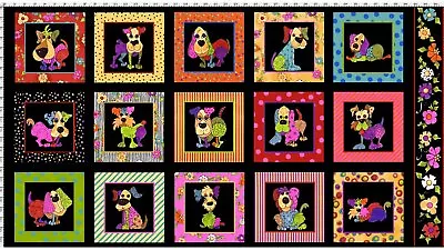Bloque de tela de algodón negro Loralie Dog Happy Puppy Dog Pet Friend PANEL 24"X44" Foto 1 de 3