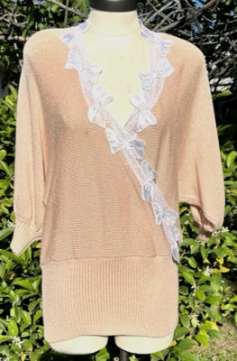 Suéter Vintage Años 80 Jessica McClintock Ala de Murciélago Rosa con Lazo Encaje/S~M Foto 1 de 4