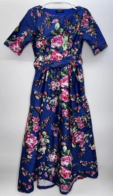 Eshakti Retro Blue Floral Midi Dress Cottagecore Feminine Wedding Modest Sz 4  - Image 1 of 4