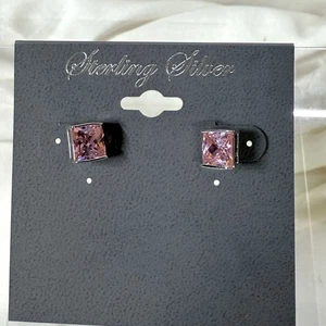 Sterling Silver 925 Pink Princess Cut Crystal Stud Earrings Square Post - Picture 1 of 5