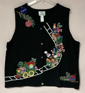 Quaker Factory Women’s 2X Button Front Sweater Vest With Christmas Train - Picture 1 of 6