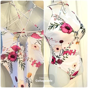 NWT Cupshe Sz Large Boho Festival White & Floral One-Piece Swimsuit Bathing Suit - Picture 1 of 23