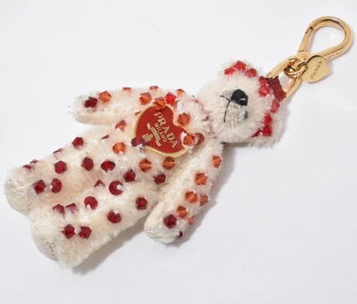 PRADA Key ring chain Bag Charm Off White Teddy Bear Red Beads Heart Logo Plate - Image 1 of 4