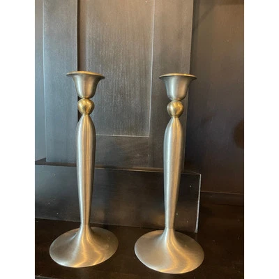 Elegant Stainless Steel and Brass Candlestick Pair - Image 1 of 4