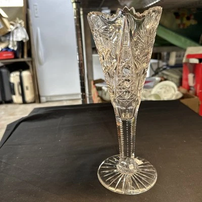 Vintage Crystal Tulip Vase Teutonic Cut Zipper Star Sawtooth As-Is 10"  - Image 1 of 4