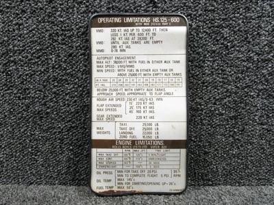 25-6DC87-13A Hawker HS-125-600 Operation Limitation Instruction Panel - Image 1 of 4