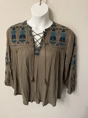 Lucky Brand 尺寸 XL 套头上衣刺绣流苏橄榄绿蓝色 — 第 1/4 张图片