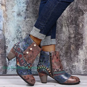 Para mujer Retro Boho Tacones Medios Informales Punta Redonda Bloque de Perlas Cremallera Zapatos - Imagen 1 de 30