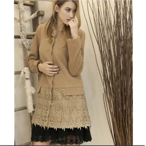 A'reve handmade flower lace trim long peacoat taupe medium - Picture 1 of 3