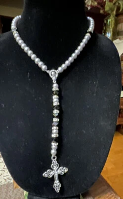 Hip Hop BLACK/GRAY Beads Silver Cz Rosary Jesus Cross Religious Necklace Chain - Image 1 of 4