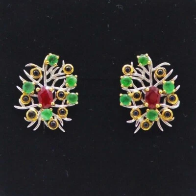 Smaragd Saphir Rubin Ohrringe 925 Silber 585 Bicolor vergoldet - Bild 1 von 4