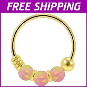 Trendy Solid 9K Yellow Gold Nose Hoop with Triple Opal - Elegant Body Jewelry - Picture 1 of 9