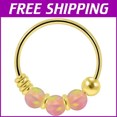 Trendy Solid 9K Yellow Gold Nose Hoop with Triple Opal - Elegant Body Jewelry - Image 1 of 4
