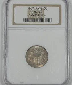 1867 Shield Nickel with Rays CERTIFIED NGC MS 62 5c - Picture 1 of 4