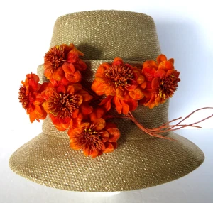 Fischerhut Vintage Damen hellbraun metallic Stoff orange Filz Blumen Retro Uptown Paris - Bild 1 von 9