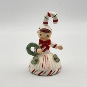 Adorable 1950s Geo Z Lefton Christmas Candy Cane Girl W/wreath Bell 90401 - Picture 1 of 8