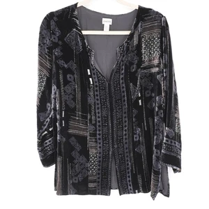 Top túnica de terciopelo vintage Chicos para mujer talla L manga larga negro gris cuello en V fluido - Imagen 1 de 16