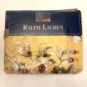 NEW Vtg Ralph Lauren Brooke Floral Yellow Twin Flat Bed Sheet 100% Cotton 200 TC - Picture 1 of 5