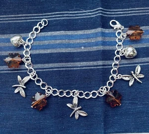 Outlander Sassenach Charm Bracelet 20 cms/8" Dragonflies/Amber Flower Beads - Picture 1 of 11