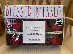 New RAE DUNN Four (4) Piece QUEEN Sheet Set Buffalo Plaid BLESSED Pillowcases - Picture 1 of 5