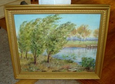 Hazel S. Pearson Signed Oil Impressionist Lake & Tree Landscape Painting c.1940